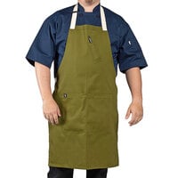 Uncommon Threads 3127 Moss Green Customizable Poly-Cotton Avalanche Bib Apron with Natural Webbing and 3 Pockets - 34 inch x 23 inch