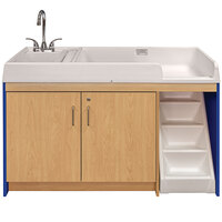 Tot Mate TM8520A.S3322 Royal Blue and Maple Laminate Walkup Changing Table with Stairs and Left Side Sink - 47 inch x 23 1/2 inch x 37 1/2 inch