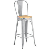 Lancaster Table & Seating Alloy Series Distressed Silver Metal Indoor Industrial Cafe Bar Height Stool with Vertical Slat Back and Natural Wood Seat