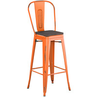 Lancaster Table & Seating Alloy Series Distressed Orange Metal Indoor Industrial Cafe Bar Height Stool with Vertical Slat Back and Black Wood Seat