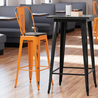 Lancaster Table & Seating Alloy Series Distressed Orange Metal Indoor Industrial Cafe Bar Height Stool with Vertical Slat Back and Black Wood Seat