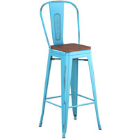 Lancaster Table & Seating Alloy Series Distressed Arctic Blue Metal Indoor Industrial Cafe Bar Height Stool with Vertical Slat Back and Walnut Wood Seat