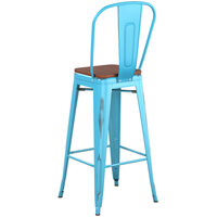 Lancaster Table & Seating Alloy Series Distressed Arctic Blue Metal Indoor Industrial Cafe Bar Height Stool with Vertical Slat Back and Walnut Wood Seat