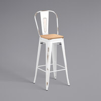 Lancaster Table & Seating Alloy Series Distressed White Metal Indoor Industrial Cafe Bar Height Stool with Vertical Slat Back and Natural Wood Seat