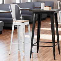 Lancaster Table & Seating Alloy Series Distressed White Metal Indoor Industrial Cafe Bar Height Stool with Vertical Slat Back and Natural Wood Seat