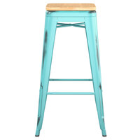 Lancaster Table & Seating Alloy Series Distressed Seafoam Stackable Metal Indoor Industrial Barstool with Natural Wood Seat