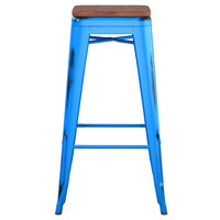 Lancaster Table & Seating Alloy Series Distressed Blue Stackable Metal Indoor Industrial Barstool with Walnut Wood Seat