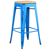 Lancaster Table & Seating Alloy Series Distressed Blue Stackable Metal Indoor Industrial Barstool with Natural Wood Seat