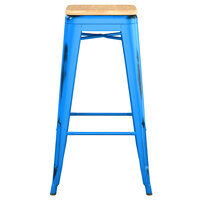 Lancaster Table & Seating Alloy Series Distressed Blue Stackable Metal Indoor Industrial Barstool with Natural Wood Seat