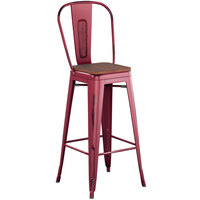 Lancaster Table & Seating Alloy Series Distressed Sangria Metal Indoor Industrial Cafe Bar Height Stool with Vertical Slat Back and Walnut Wood Seat