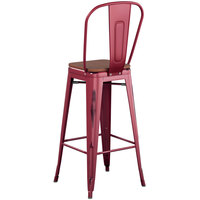 Lancaster Table & Seating Alloy Series Distressed Sangria Metal Indoor Industrial Cafe Bar Height Stool with Vertical Slat Back and Walnut Wood Seat