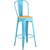Lancaster Table & Seating Alloy Series Distressed Arctic Blue Metal Indoor Industrial Cafe Bar Height Stool with Vertical Slat Back and Natural Wood Seat