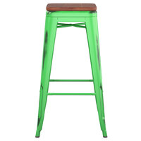Lancaster Table & Seating Alloy Series Distressed Green Stackable Metal Indoor Industrial Barstool with Walnut Wood Seat
