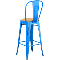 Lancaster Table & Seating Alloy Series Distressed Blue Metal Indoor Industrial Cafe Bar Height Stool with Vertical Slat Back and Natural Wood Seat