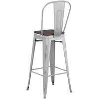 Lancaster Table & Seating Alloy Series Distressed Silver Metal Indoor Industrial Cafe Bar Height Stool with Vertical Slat Back and Black Wood Seat