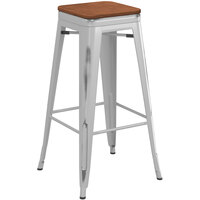 Lancaster Table & Seating Alloy Series Distressed Silver Stackable Metal Indoor Industrial Barstool with Walnut Wood Seat