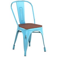 Lancaster Table & Seating Alloy Series Distressed Arctic Blue Metal Indoor Industrial Cafe Chair with Vertical Slat Back and Walnut Wood Seat