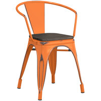Lancaster Table & Seating Alloy Series Distressed Orange Metal Indoor Industrial Cafe Arm Chair with Vertical Slat Back and Black Wood Seat