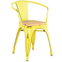Lancaster Table & Seating Alloy Series Distressed Yellow Metal Indoor Industrial Cafe Arm Chair with Vertical Slat Back and Natural Wood Seat