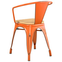 Lancaster Table & Seating Alloy Series Distressed Orange Metal Indoor Industrial Cafe Arm Chair with Vertical Slat Back and Natural Wood Seat