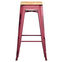 Lancaster Table & Seating Alloy Series Distressed Sangria Stackable Metal Indoor Industrial Barstool with Natural Wood Seat