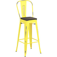 Lancaster Table & Seating Alloy Series Distressed Yellow Metal Indoor Industrial Cafe Bar Height Stool with Vertical Slat Back and Black Wood Seat