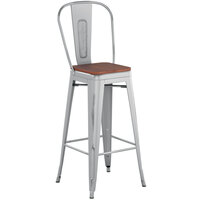 Lancaster Table & Seating Alloy Series Distressed Silver Metal Indoor Industrial Cafe Bar Height Stool with Vertical Slat Back and Walnut Wood Seat