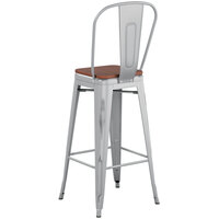 Lancaster Table & Seating Alloy Series Distressed Silver Metal Indoor Industrial Cafe Bar Height Stool with Vertical Slat Back and Walnut Wood Seat