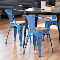 Lancaster Table & Seating Alloy Series Distressed Blue Metal Indoor Industrial Cafe Arm Chair with Vertical Slat Back and Natural Wood Seat