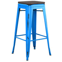 Lancaster Table & Seating Alloy Series Distressed Blue Stackable Metal Indoor Industrial Barstool with Black Wood Seat