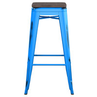 Lancaster Table & Seating Alloy Series Distressed Blue Stackable Metal Indoor Industrial Barstool with Black Wood Seat