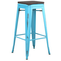 Lancaster Table & Seating Alloy Series Distressed Arctic Blue Stackable Metal Indoor Industrial Barstool with Black Wood Seat