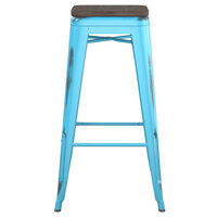 Lancaster Table & Seating Alloy Series Distressed Arctic Blue Stackable Metal Indoor Industrial Barstool with Black Wood Seat