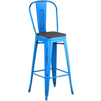 Lancaster Table & Seating Alloy Series Distressed Blue Metal Indoor Industrial Cafe Bar Height Stool with Vertical Slat Back and Black Wood Seat