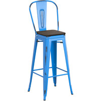 Lancaster Table & Seating Alloy Series Distressed Blue Metal Indoor Industrial Cafe Bar Height Stool with Vertical Slat Back and Black Wood Seat