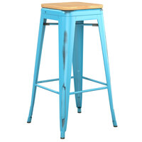Lancaster Table & Seating Alloy Series Distressed Arctic Blue Stackable Metal Indoor Industrial Barstool with Natural Wood Seat