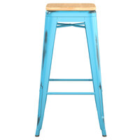 Lancaster Table & Seating Alloy Series Distressed Arctic Blue Stackable Metal Indoor Industrial Barstool with Natural Wood Seat