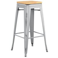Lancaster Table & Seating Alloy Series Distressed Silver Stackable Metal Indoor Industrial Barstool with Natural Wood Seat