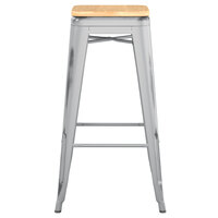 Lancaster Table & Seating Alloy Series Distressed Silver Stackable Metal Indoor Industrial Barstool with Natural Wood Seat