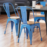 Lancaster Table & Seating Alloy Series Distressed Blue Metal Indoor Industrial Cafe Chair with Vertical Slat Back and Natural Wood Seat