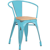 Lancaster Table & Seating Alloy Series Distressed Arctic Blue Metal Indoor Industrial Cafe Arm Chair with Vertical Slat Back and Natural Wood Seat