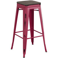Lancaster Table & Seating Alloy Series Distressed Sangria Stackable Metal Indoor Industrial Barstool with Black Wood Seat