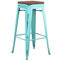 Lancaster Table & Seating Alloy Series Distressed Seafoam Stackable Metal Indoor Industrial Barstool with Walnut Wood Seat