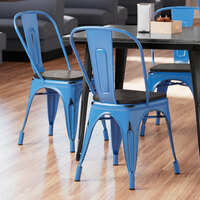 Lancaster Table & Seating Alloy Series Distressed Blue Metal Indoor Industrial Cafe Chair with Vertical Slat Back and Black Wood Seat