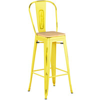 Lancaster Table & Seating Alloy Series Distressed Yellow Metal Indoor Industrial Cafe Bar Height Stool with Vertical Slat Back and Natural Wood Seat