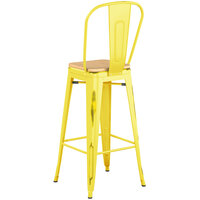 Lancaster Table & Seating Alloy Series Distressed Yellow Metal Indoor Industrial Cafe Bar Height Stool with Vertical Slat Back and Natural Wood Seat