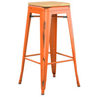 Lancaster Table & Seating Alloy Series Distressed Orange Stackable Metal Indoor Industrial Barstool with Natural Wood Seat