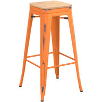 Lancaster Table & Seating Alloy Series Distressed Orange Stackable Metal Indoor Industrial Barstool with Natural Wood Seat