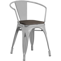 Lancaster Table & Seating Alloy Series Distressed Silver Metal Indoor Industrial Cafe Arm Chair with Vertical Slat Back and Black Wood Seat