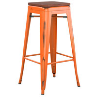 Lancaster Table & Seating Alloy Series Distressed Orange Stackable Metal Indoor Industrial Barstool with Walnut Wood Seat